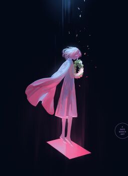 1girl backlighting bare_arms barefoot black_background blonde_hair cape commentary dark_background darkness dress english_commentary facing_away floating floating_hair from_behind full_body head_down holding holding_wreath hole leaf light light_rays loika original short_hair simple_background sleeveless sleeveless_dress solo square white_cape white_dress wreath