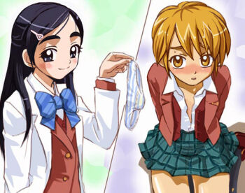 00s 2girls blue_bow blush bow futari_wa_precure haruyama_kazunori holding holding_unworn_clothes holding_panties holding_underwear holding_unworn_clothes lab_coat misumi_nagisa multiple_girls open_clothes open_shirt panties precure school_uniform serafuku shirt smile split_screen striped_clothes striped_panties underwear yukishiro_honoka yuri