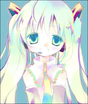 1girl ayuka blue_background blue_eyes blue_hair commentary_request detached_sleeves frilled_shirt_collar frills hair_ornament hatsune_miku head_tilt headphones headset looking_at_viewer lowres necktie open_mouth shirt sleeveless sleeveless_shirt smile solo twintails vocaloid