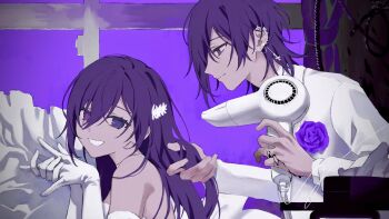 1boy 1girl barbell_piercing bed_sheet black_blood blazer bleeding blood boutonniere closed_mouth couple curtains dress ear_chain ear_piercing earrings elbow_gloves flower gloves grin hair_dryer hair_over_one_eye hand_grab hand_in_another's_hair hetero heterochromia highres holding holding_hair_dryer hoop_earrings indie_utaite industrial_piercing inverted_cross_earrings jacket jewelry lapels linked_piercing long_hair long_sleeves looking_at_another looking_at_viewer medium_hair mekabusoup multiple_piercings own_hands_together piercing purple_eyes purple_flower purple_rose ring rope rose second-party_source shirt sidelocks sleeveless sleeveless_dress smile stud_earrings tissue_box tonochuu_(yukimura) turning_head white_dress white_gloves white_jacket white_shirt wolf_cut yukimura_(utaite) zuutto_issho_(kitani_tatsuya)