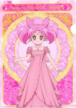 Rule 34 | 1girl, absurdres, back bow, bare arms, bishoujo senshi sailor moon, bishoujo senshi sailor moon crystal, bow, character name, chibi usa, closed mouth, collarbone, cone hair bun, crescent, crescent facial mark, curly sidelocks, double bun, dress, facial mark, forehead mark, full body, hair bun, highres, jewelry, looking at viewer, necklace, official art, pink background, pink bow, pink dress, pink hair, pink theme, red eyes, scan, short hair, small lady serenity, smile, solo, standing, straight-on, takahashi akira, twintails
