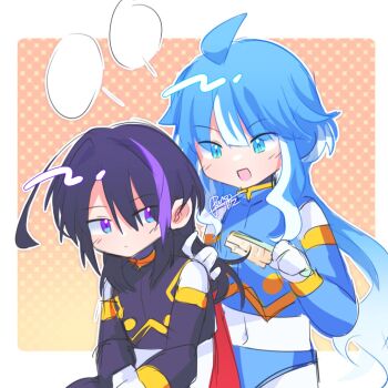 1boy 1girl armor black_armor black_hair blue_armor blue_eyes blue_hair breasts brushing_hair commentary english_commentary fairy_leviathan_(mega_man) hidden_phantom_(mega_man) highres long_hair medium_breasts mega_man_(series) mega_man_zero_(series) multicolored_hair no_headwear panco_1812 purple_eyes purple_hair streaked_hair two-tone_hair