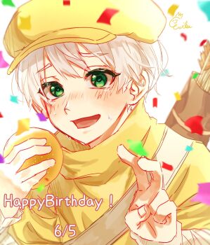 1boy arrow_(projectile) blush confetti dated dr._stone eerika1114 food green_eyes happy_birthday hat highres holding holding_food long_sleeves male_focus open_mouth quiver saionji_ukyou shirt short_hair smile solo tears v white_background white_hair yellow_shirt