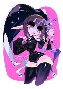 1girl :o ame929 bare_shoulders black_eyeshadow black_hat black_jacket black_leotard black_nails black_thighhighs blunt_bangs blush border borrowed_design breasts brown_hair character_doll character_name clenched_hand clothing_cutout commentary commentary_typo contrapposto cropped_legs doll english_commentary eyelashes eyeshadow fewer_digits hands_up hat highres holding holding_doll jacket jax_(the_amazing_digital_circus) jester_cap jitome large_hat leotard long_sleeves looking_at_doll makeup medium_breasts multicolored_eyes nail_polish narrow_waist open_mouth outside_border pink_background pink_eyes pointy_ears pomni_(the_amazing_digital_circus) puffy_long_sleeves puffy_sleeves purple_eyes shaded_face short_hair shoulder_cutout sidelocks simple_background skull_brooch sleeves_past_wrists solo standing the_amazing_digital_circus thighhighs tongue turning_head turtleneck turtleneck_jacket two-tone_eyes typo white_border wide_hips