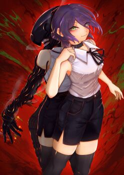 2girls absurdres apron back-to-back black_apron black_choker black_gloves black_ribbon black_shorts black_thighhighs bomb_devil_(chainsaw_man) chainsaw_man choker closed_mouth collared_shirt dual_persona dynamite elbow_gloves explosive gloves green_eyes grenade_pin highres multiple_girls neck_ribbon pp_art812 purple_hair reze_(chainsaw_man) ribbon shirt shirt_tucked_in shorts sleeveless sleeveless_shirt thighhighs white_shirt