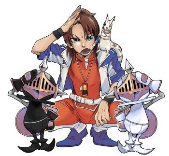 Rule 34 | 1boy, blue jacket, bodysuit, brown hair, cropped jacket, daimon masaru (digimon savers), digimon, digimon (creature), digimon savers, high ponytail, highres, jacket, kudamon (digimon savers), medium hair, ookutsuwa waga, pawnchessmon black, pawnchessmon white, ponytail, red bodysuit, salute, simple background, squatting, white background