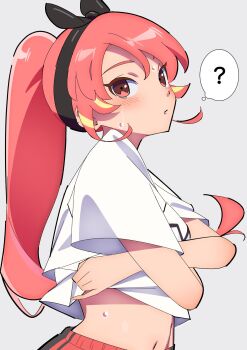 1girl ? blonde_hair blush hairband inazuma_eleven_(series) inazuma_eleven_victory_road looking_at_viewer multicolored_hair navel pants ponytail red_hair red_pants sakura_1110ssmm shinohara_raika shirt simple_background solo sweatdrop t-shirt twitter two-tone_hair upper_body white_background