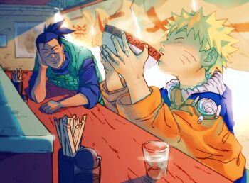 2boys absurdres blonde_hair bowl brown_hair chopsticks closed_eyes cup eating facial_mark food_in_mouth hand_on_own_cheek hand_on_own_face highres holding holding_bowl jacket kouji08250 leaning_on_table multiple_boys naruto_(classic) naruto_(series) orange_jacket ponytail scar scar_on_face scar_on_nose umino_iruka uzumaki_naruto vest whisker_markings zipper