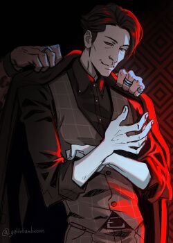 Rule 34 | 2boys, absurdres, akutsu daimu, animal print, black hair, cheekbones, commentary, dressing another, english commentary, highres, jacket, jacket on shoulders, jewelry, leopard print, lost judgment, male focus, multiple boys, multiple rings, out of frame, parted hair, plaid clothes, plaid vest, ring, solo focus, souma kazuki, teppn (gattobamboom), vest, waistcoat