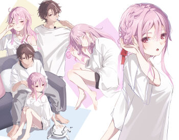 Rule 34 | 1boy, 1girl, 1other, a-tora, alternate costume, alternate hairstyle, barefoot, braid, brown eyes, brown hair, brushing teeth, commentary, couch, english commentary, fyu-neru, grey pants, guilty crown, highres, messy hair, on couch, one eye closed, open mouth, ouma shuu, oversized clothes, oversized shirt, pants, pillow, pink hair, red eyes, red ribbon, ribbon, rubbing eyes, shirt, simple background, sleeping, toothbrush, toothbrush in mouth, white background, white shirt, yuzuriha inori, zzz