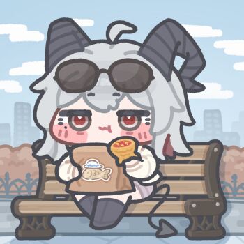 1girl :t ahoge blue_sky chibi chibi_only city cloud demon_girl demon_horns demon_tail dress eating eyewear_on_head food grey_hair hair_between_eyes holding holding_food horns korean_commentary light_blush long_hair monyami official_alternate_costume on_bench puffy_sleeves red_eyes sky solo sweater sweater_dress tail taiyaki thighhighs wagashi wuthering_waves zani_(downtown_repose)_(wuthering_waves) zani_(wuthering_waves)