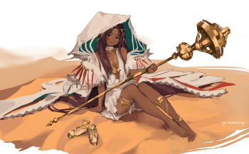 Rule 34 | 1girl, barefoot, bracelet, brown eyes, brown hair, cloak, dark-skinned female, dark skin, demi (nashidrop), dress, gold bracelet, gold headdress, gold necklace, head chain, highres, holding, holding staff, hood, hooded cloak, jewelry, long hair, looking at viewer, nashidrop, necklace, original, sandals, sitting, solo, staff, unworn sandals, white dress