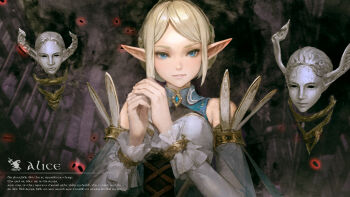 1girl alice_(wizardry) blonde_hair blue_corset blue_eyes blue_gemstone braid character_name corset dark_background dress elf english_text floating_head forest gem highres jewelry kjk_kat12349 latin_text looking_at_viewer nature own_hands_together parted_bangs pointy_ears short_hair solo strapless strapless_dress white_dress wizardry wizardry_variants_daphne