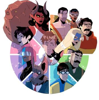 5girls 6+boys animal_ears bat_boy bat_ears beef_(dispatch) black_hair blonde_blazer blonde_hair blue_hair brown_hair closed_eyes color_wheel_challenge commentary coupe_(dispatch) dark-skinned_female dark_skin demon_girl demon_horns dispatch dog english_commentary facial_hair flambae_(dispatch) george_kambadais goggles golem_(dispatch) horns invisigal_(dispatch) malevola_(dispatch) masked multicolored_hair multiple_boys multiple_drawing_challenge multiple_girls mustache phenomaman_(dispatch) pink_hair pointy_ears prism_(dispatch) punch_up_(dispatch) robert_robertson smile sonar_(dispatch) superhero_costume tongue tongue_out waterboy_(dispatch)