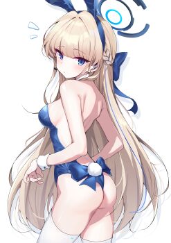 Rule 34 | 1girl, absurdres, animal ear hairband, animal ears, ass, blonde hair, blue archive, blue eyes, blue leotard, blush, commentary, ear piercing, earphones, fake animal ears, fake tail, hairband, halo, highres, leotard, long hair, looking at viewer, microphone, mikkan0727, piercing, playboy bunny, rabbit ears, rabbit tail, simple background, solo, tail, thighhighs, toki (blue archive), toki (bunny) (blue archive), white background, white thighhighs