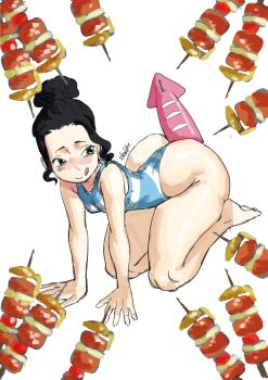 1girl absurdres ass between_buttocks black_clover black_hair breasts charmy_pappitson female_focus highres licking scharlottelambo sexually_suggestive short_hair small_breasts swimsuit text_focus