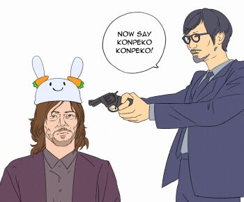 Rule 34 | 2boys, aiming, animal hat, beard, death stranding, death stranding 2: on the beach, facial hair, formal clothes, glasses, gun, handgun, hat, holding, holding gun, holding weapon, hololive, kojima hideo, multiple boys, mustache, norman reedus, pkoi, rabbit hat, real life, revolver, suit, usada pekora, virtual youtuber, weapon, white background