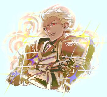0_jojo_u 1boy armor blonde_hair crossed_arms earrings fate/grand_order fate_(series) gate_of_babylon_(fate) gilgamesh_(fate) gold_armor hair_slicked_back jewelry looking_at_viewer male_focus red_eyes short_hair smile solo white_background