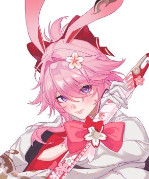 1girl absurdres animal_ears bow cherry_blossom_print ear_ornament evanescia_(honkai:_star_rail) eyeliner floral_print flower gloves hair_flower hair_ornament hashtag-only_commentary highres honkai:_star_rail honkai_(series) katana makeup pink_hair purple_eyes rabbit_ears red_pupils sword velvetbl0ssoms weapon white_background