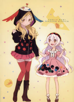 2girls absurdres alternate_hairstyle black_hoodie blonde_hair boots brown_boots charlotte_(madoka_magica) cheese dress food highres holding_another&#039;s_arm hood hood_up hoodie incredibly_absurdres lace-up_boots long_hair looking_at_another mahou_shoujo_madoka_magica momoe_nagisa multicolored_eyes multiple_girls non-web_source official_alternate_hairstyle official_art open_mouth orange_eyes pantyhose pink_dress polka_dot polka_dot_headwear polka_dot_hoodie red_pantyhose scan self-scan short_twintails skirt smile tomoe_mami twintails white_hair yellow_background yellow_eyes