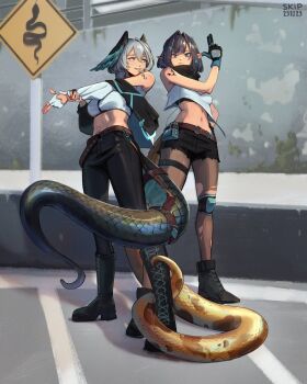2girls arknights black_footwear black_gloves black_hair black_pants black_pantyhose black_shorts blue_eyes boots breasts cropped_shirt dated eunectes_(arknights) finger_gun gloves grey_hair hair_between_eyes hair_ornament head_wings highres ho&#039;olheyak_(arknights) looking_at_another looking_at_viewer making-of_available midriff multiple_girls navel off_shoulder outdoors pants pantyhose pointy_ears rhine_lab_logo shirt short_hair shorts shoulder_tattoo sign ski.ip small_breasts snake_tail tail tail_around_another&#039;s_leg tail_wrap tattoo torn_clothes torn_pantyhose white_gloves white_shirt wings