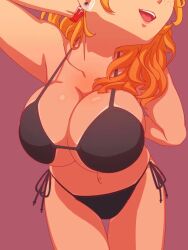 1girl animated bikini black_bikini breasts duplicate earrings fingernails freckles fxx green_eyes gyaru hairdressing hanging_breasts jewelry large_breasts long_hair looking_at_hand looking_at_viewer naughty_face nia_(fxx) nipples orange_hair original pink_background red_nails ring side-tie_bikini_bottom simple_background smile solo swimsuit tan tanline twintails undressing unworn_bikini_top video watch wristwatch