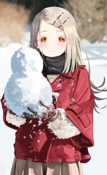 1girl absurdres aweqdre black_scarf blonde_hair blurry blurry_background blush brown_gloves brown_skirt closed_mouth colored_eyelashes commentary_request cowboy_shot depth_of_field earrings flipped_hair gakuen_idolmaster gloves gradient_hair grey_hair hair_ornament hairclip hands_up highres holding_snowman idolmaster jacket jewelry leather leather_jacket long_hair long_sleeves looking_at_viewer multicolored_hair orange_eyes outdoors parallel_hairclips parted_bangs pleated_skirt red_jacket scarf shinosawa_hiro skirt smile snow snowman solo split_mouth standing stud_earrings sweater white_sweater winter winter_clothes