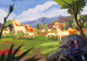 Rule 34 | 1girl, black hair, blue sky, cloud, commentary, cyndaquil, day, english commentary, fire, galaxy team survey corps uniform, gen 1 pokemon, gen 2 pokemon, gen 3 pokemon, grass, looking to the side, nintendo, outdoors, pennumbra, pokemon, pokemon (creature), pokemon legends: arceus, ponyta, rapidash, red scarf, rock, scarf, sky, tree, white fur, wurmple