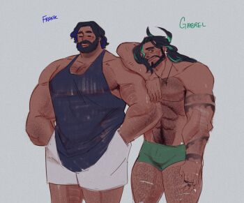 2boys abs baggy_clothes bara beard boxer_briefs bulge closed_eyes connected_beard couple cross cross_earrings dark-skinned_male dark_skin earrings facial_hair feet_out_of_frame frank_(skitsoepic) full_beard gab_(skitsoepic) green_male_underwear hairy highres huge_pectorals jewelry large_pectorals long_hair looking_at_viewer male_focus male_underwear mature_male multiple_boys muscular muscular_male mustache_stubble navel navel_hair nipples original pectoral_cleavage pectorals seductive_smile short_hair shorts sidepec skitsoepic smile standing stomach strongman_waist stubble thick_beard thick_chest_hair thick_eyebrows topless_male underwear very_hairy yaoi