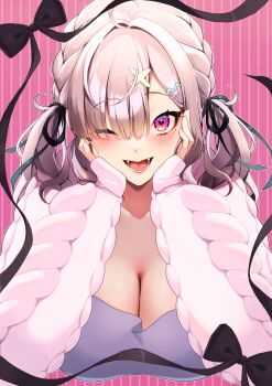 1girl absurdres ahoge bangs_pinned_back blush breasts camisole commentary_request corset frilled_corset frills grey_hair hair_ornament hair_over_one_eye highres hood hoodie indoors large_breasts long_hair looking_at_viewer mole nijisanji open_mouth pajamas pink_hoodie pink_pajamas pink_tank_top sleepwear smile solo sukoya_kana sukoya_kana_(6th_costume) tank_top virtual_youtuber yawamochi27