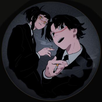 Rule 34 | 1boy, 1girl, black hair, black jacket, black necktie, black pants, border, chainsaw man, cigarette, collared shirt, formal clothes, highres, holding, holding cigarette, jacket, kurose yuutarou, looking at viewer, medium hair, necktie, open mouth, pants, peephole, round border, scar, scar on face, scar on nose, shirt, shirt tucked in, short hair, smoke, solo, suit, suit jacket, ten ten 10 10, tendou michiko, white shirt, yellow eyes