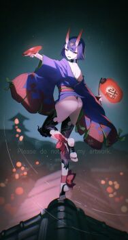 1girl alcohol ankle_ribbon ass bare_shoulders commentary_request cup fate/grand_order fate_(series) fomnant full_body headpiece highres holding holding_lantern horns japanese_clothes kimono lantern leg_ribbon looking_at_viewer oni purple_eyes purple_hair purple_kimono ribbon sakazuki sake short_hair shuten_douji_(fate) shuten_douji_(first_ascension)_(fate) skin-covered_horns solo