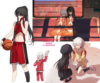 2girls absurdres bag basketball_uniform black_hair bottle chinese_text commission hat highres holding holding_bottle jacket mahou_shoujo_no_majo_saiban multiple_girls navel nikaido_hiro no_headwear no_mouth red_eyes sakuraba_ema school_bag school_uniform serafuku sitting sleeping sportswear stomach track_jacket train_interior translation_request wariza water_bottle wiping_sweat wuubaiwan