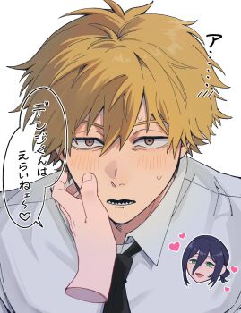 1boy 1girl black_necktie blonde_hair blue_hair blush brown_eyes chainsaw_man chibi chibi_inset collared_shirt commentary_request cropped_head denji_(chainsaw_man) disembodied_hand green_eyes hair_between_eyes hair_bun hand_on_another&#039;s_cheek hand_on_another&#039;s_face hetero highres medium_hair necktie okiba0 open_mouth parted_lips reze_(chainsaw_man) sharp_teeth shirt short_hair smile sweatdrop teeth updo upper_body white_background white_shirt