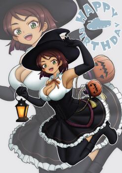1girl absurdres amanone_yun birthday black_boots black_dress black_gloves black_hat black_thighhighs bobby_socks boots breasts brown_hair cleavage collared_dress commentary dark-skinned_female dark_skin dress elbow_gloves english_text frilled_dress frills girls_und_panzer gloves green_eyes grey_background halloween halloween_costume happy_birthday hat highres holding holding_lantern jack-o&#039;-lantern jumping lantern large_breasts legs_up looking_at_viewer neck_ribbon open_mouth orange_ribbon outline partially_unbuttoned ribbon short_dress short_hair sleeveless sleeveless_dress smile socks solo swept_bangs tassel thighhighs tristana_(girls_und_panzer) two-tone_dress white_outline wing_collar witch_hat zoom_layer