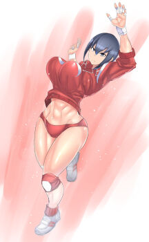 Rule 34 | 1girl, abs, ayuhara natsu, bandages, bandaged fingers, bandages, blue eyes, blue hair, buruma, capcom, grey hair, jacket, justice gakuen, knee pads, midriff, navel, shiritsu justice gakuen, short hair, sleeves pushed up, sports wear, sportswear, thighs, track jacket, track suit, volleyball uniform