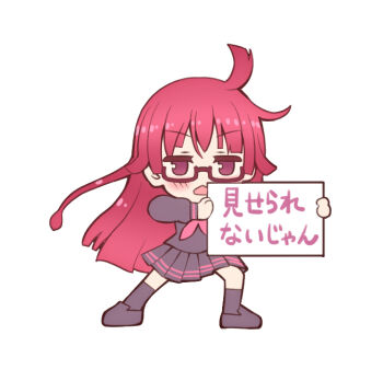 1girl ahoge black_shirt black_shoes black_skirt black_socks blush can&#039;t_show_this_(meme) chestnut_mouth chibi chibi_only commentary full_body glasses holding holding_sign kemurikusa long_hair long_sleeves looking_at_viewer meme neckerchief pleated_skirt red-framed_eyewear red_eyes red_hair red_neckerchief reisen_balrog ryoku_(kemurikusa) semi-rimless_eyewear shirt shoes sign simple_background skirt socks solo translated under-rim_eyewear very_long_hair white_background