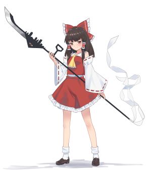 Rule 34 | 1girl, absurdres, ascot, black shoes, bow, brown eyes, brown hair, chinese commentary, closed mouth, collared shirt, commentary request, detached sleeves, fossilized wonders, frilled bow, frilled hair tubes, frilled skirt, frills, hair bow, hair tubes, hakurei reimu, highres, holding, holding polearm, holding weapon, littiecy, loafers, long hair, long sleeves, looking at viewer, naginata, polearm, red bow, red shirt, red skirt, ribbon-trimmed sleeves, ribbon trim, shadow, shirt, shoes, sidelocks, simple background, skirt, sleeveless, sleeveless shirt, smile, socks, solo, standing, touhou, weapon, white background, white sleeves, white socks, wide sleeves, yellow ascot
