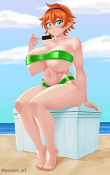 1girl absurdres aqua_eyes arm_support artist_name bare_legs bare_shoulders barefoot beach bikini blush breasts closed_mouth collarbone feet female_focus full_body green_bikini hairband highleg highleg_bikini highres holding_food holding_ice_cream huge_breasts ice_cream looking_at_viewer nail_polish navel orange_hair orange_nails original outdoors paravet purple_hairband sand shore short_hair signature sitting solo strapless strapless_bikini swimsuit thighs tiptoes toenail_polish toenails toes twitter_username water
