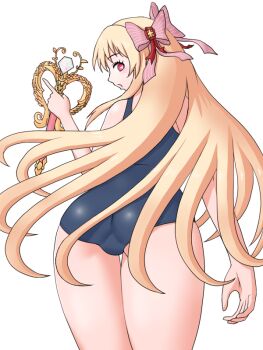 1girl ass blonde_hair chaos_marie_(grimms_notes) from_behind grimms_notes holding holding_wand long_hair old_school_swimsuit open_mouth pink_eyes school_swimsuit solo standing swimsuit turning_head wand yass_hero