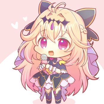 Rule 34 | 1girl, :d, absurdres, bad id, bad pixiv id, black bow, blonde hair, bow, chibi, chibi only, cure arcana shadow, dress, food, full body, hair between eyes, heart, highres, holding, holding food, ice cream, kou hiyoyo, long hair, looking at viewer, meitantei precure!, moria luluka, open mouth, precure, purple eyes, smile, solo, two-tone background, very long hair