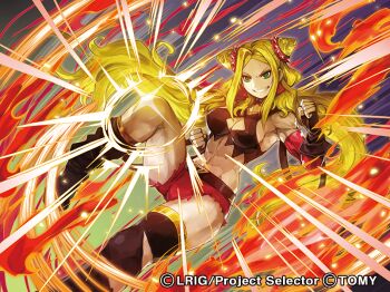 1girl black_gloves black_leg_warmers black_tube_top blonde_hair breasts cleavage cleavage_cutout closed_mouth clothing_cutout copyright_notice double_bun fingerless_gloves gloves green_eyes hair_bun layla_(wixoss) leg_warmers long_hair looking_at_viewer medium_breasts moreshan official_art red_shorts short_shorts shorts smile solo strapless tube_top twintails wixoss