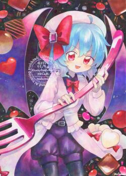 1girl alternate_costume alternate_headwear bat_wings belt black_pantyhose blue_hair blush bow bowtie candy chocolate chocolate_heart commentary_request dress food fork hat hat_bow heart heart-shaped_food holding holding_fork long_sleeves looking_at_viewer maa_(forsythia1729) mob_cap open_mouth oversized_object pantyhose pink_dress pink_hat purple_shorts purple_wings red_bow red_bowtie red_eyes remilia_scarlet shorts smile solo touhou traditional_media watermark wings