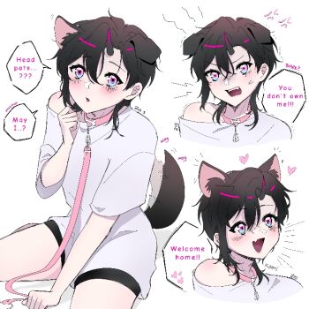 1boy anger_vein animal_ears baby_animal blue_eyes collar dog dog_boy dog_ears dog_tail english_text heart leash multicolored_eyes open_mouth original pink_collar pink_eyes puppy sa-kura_215 shirt single_bare_shoulder spoken_heart tail trap white_background white_shirt