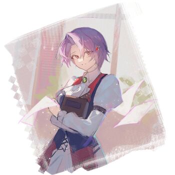 1girl brooch closed_mouth crossed_arms curtained_hair eiyuu_densetsu hair_ornament hairpin jewelry kloe_rinz long_sleeves looking_at_viewer morino_kaoru neckerchief parted_bangs puffy_long_sleeves puffy_sleeves purple_eyes short_hair skirt smile solo sora_no_kiseki upper_body white_neckerchief white_skirt