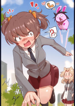1other 2girls ? ?? alisa_(girls_und_panzer) artist_self-insert black_footwear black_necktie blazer blush breasts brown_eyes brown_hair building carrot carrot_hair_ornament collared_shirt commission food-themed_hair_ornament girls_und_panzer grey_jacket hair_ornament hands_in_pockets heart highres jacket jinguu_(4839ms) jumping kay_(girls_und_panzer) long_hair long_sleeves miniskirt multiple_girls necktie open_clothes open_jacket open_mouth rabbit red_skirt running saunders_school_uniform school_uniform shirt short_hair short_twintails skeb_commission skirt surprised tongue tongue_out twintails white_shirt |_|