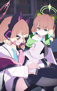 Rule 34 | > <, 1boy, 2girls, :d, animal ear headphones, animal ears, black thighhighs, blonde hair, blue archive, blue necktie, blurry, blurry background, blush, bow, cat ear headphones, cat ears, chromatic aberration, closed mouth, collared shirt, commentary request, doodle sensei (blue archive), fake animal ears, green bow, green eyes, green halo, green jacket, h14 drawing, hair bow, halo, headphones, highres, holding, indoors, jacket, long sleeves, looking at another, low-tied sidelocks, midori (blue archive), momoi (blue archive), multicolored jacket, multiple girls, necktie, nose blush, open mouth, pink halo, profile, red bow, sensei (blue archive), shirt, short hair, siblings, sidelocks, sideways mouth, sisters, sitting, smile, suspenders, teeth, thighhighs, turning head, twins, upper teeth only, white jacket, white shirt, xd