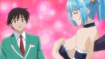 00s 1boy 1girl animated animated_gif aono_tsukune blood blue_hair bouncing_breasts breasts demon_girl flashing kurono_kurumu large_breasts maid nipples nosebleed rosario+vampire short_hair demon_girl undressing wings