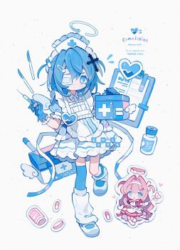 2girls :d absurdres apron blue_eyes blue_gloves blue_hair blue_thighhighs chibi clipboard closed_mouth commission cross_hair_ornament double-parted_bangs dress eyepatch frilled_apron frills full_body gloves hair_between_eyes hair_ornament hat heart highres holding holding_syringe kanae_(cookie) long_hair multiple_girls open_mouth original pill_hair_ornament pink_hair shoes short_hair short_sleeves simple_background single_thighhigh smile standing standing_on_one_leg syringe thighhighs twitter_username two_side_up watermark white_apron white_background white_dress white_hat white_shoes