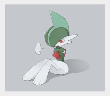 ... 1boy amputee ariumu armless_amputee bags_under_eyes bandaged_arm bandages blood blood_on_arm bloody_bandages border colored_skin double_amputee empty_eyes facing_to_the_side gallade gen_4_pokemon green_hair green_helmet grey_background helmet knees_up looking_ahead missing_limb mohawk multicolored_skin nintendo on_ground open_mouth pokemon pokemon_(creature) red_eyes sitting speech_bubble two-tone_skin white_border wide_hips